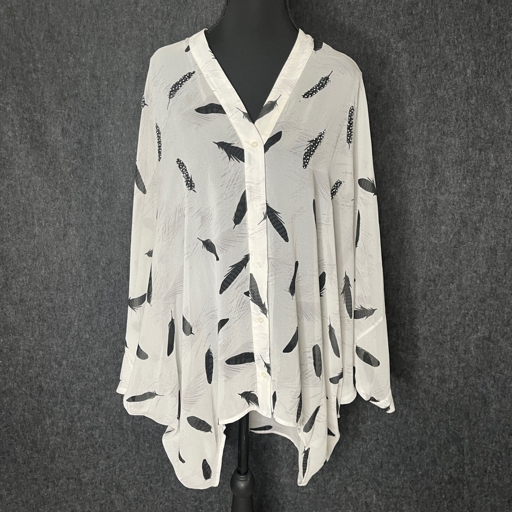 Wayne Cooper‎ Boho Feather Print Batwing Blouse White Black Sequin Accent Size M